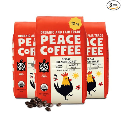 Peace Coffee Decaf French Roast Whole Bean Coffee, Dark Roast, 12 oz, Pack of 3, Organic Fair Trade, Nutty, Bold Flavor, Shade Grown, Fresh Roasted