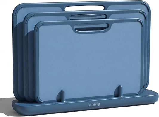 SMIRLY Plastic Cutting Board Set with Holder, Non-Slip Chopping Boards for Kitchen, Dishwasher Safe, Essential Kitchen Gadgets, 3 Pack, Blue