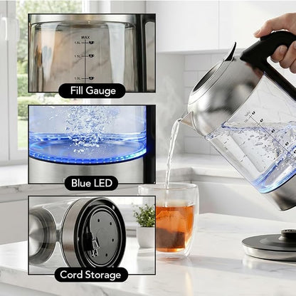 OVENTE Electric Kettle, 1.8L Glass Tea Kettle & Stainless Steel BPA-Free Cordless Electric Kettle, 1500W Fast Boil Electric Pot with Easy-Fill Lid, Auto Shut-Off & Boil Dry Protection, Silver KG751S