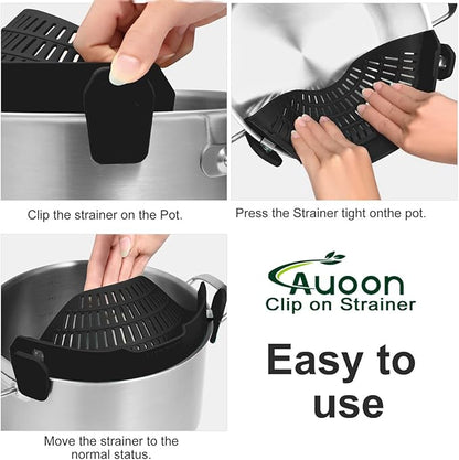 Large AUOON Clip on Strainer for All Pots and Pans - Oversized Silicone Pot Strainer Family-Style Design Pasta Strainer Kitchen Colander for Spaghetti and Noodles | Dishwasher Safe