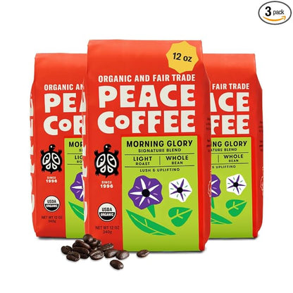 Peace Coffee Morning Glory Signature Blend Light Roast Whole Bean Coffee, 12 oz, Pack of 3, Organic Fair Trade, Smooth, Mild Flavor, Shade Grown, Fresh Roasted