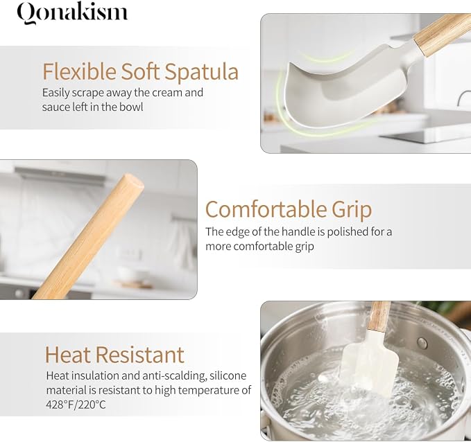 Silicone Spatula Set, 4 Piece Food Grade Rubber Spatula Nonstick Off-White Wooden Spatula, Spoonula, Jar Scraper for Cooking, Baking, Mixing, Frosting - Heat Resistant Up to 600°F（Dishwasher Safe ）