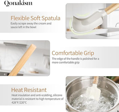 Silicone Spatula Set, 4 Piece Food Grade Rubber Spatula Nonstick Off-White Wooden Spatula, Spoonula, Jar Scraper for Cooking, Baking, Mixing, Frosting - Heat Resistant Up to 600°F（Dishwasher Safe ）