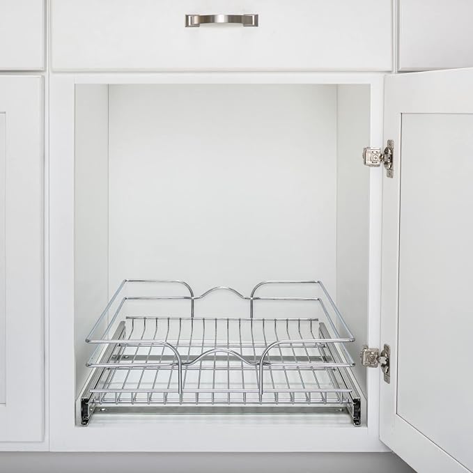 Rev-A-Shelf Steel Wire Pullout Drawer Organizer Shelf for Kitchen Cabinets, Slide Out Storage Basket, Min Opening Width of 17.5", 18" x 22", 5WB1-1822CR-1