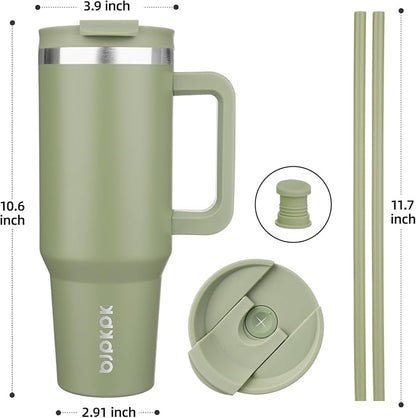 BJPKPK 40 oz Insulated Tumbler With Lid And Straw Stainless Steel Tumblers Cup With Handle For Women And Men,Sage