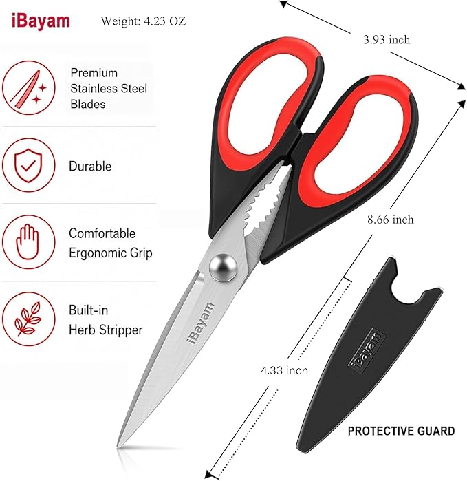 iBayam 3-Pack 8.5"Kitchen Scissors All Purpose Heavy Duty with Protective Sheath, Soft Comfort Grip Handle, Dishwasher Safe Kitchen Utensils Gadgets Set, Stainless Cooking Meat Poultry Food Shears