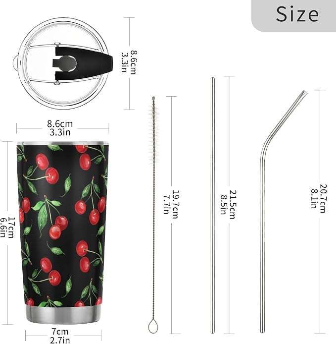 Tumbler Summer Vivid Cherry Leaf Insulated Office Coffee Cup Back to School Beverage Container Travel Mug with Straw and Lid Double Wall Stainless Steel 20oz