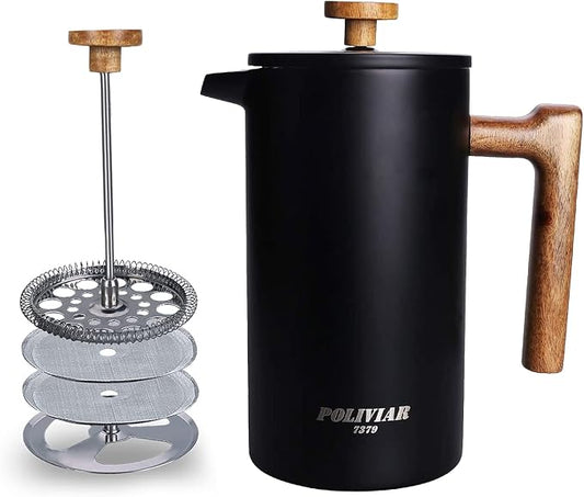 POLIVIAR French Press Coffee Maker, 34 Ounce Coffee Press with Real Wood Handle, Double Wall Insulation & Dual- Filter Screen, Food Grade Stainless Steel for Good Coffee and Tea (Vintage)