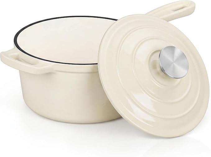 E-far Enameled Cast Iron Sauce Pan, 2 Quart Dutch Oven Saucepan with Lid, Small Sauce Pot for Cooking, Boiling, Healthy & Non Toxic, Induction & Oven Safe, Cream