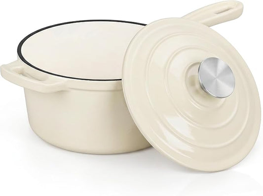 E-far Enameled Cast Iron Sauce Pan, 2 Quart Dutch Oven Saucepan with Lid, Small Sauce Pot for Cooking, Boiling, Healthy & Non Toxic, Induction & Oven Safe, Cream