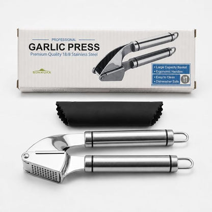 Sunkuka Premium Garlic Press Set - Large Capacity Stainless Steel Mincer, Crusher & Peeler, Ergonomic Design, Rust Roof, Easy Clean & Dishwasher Safe