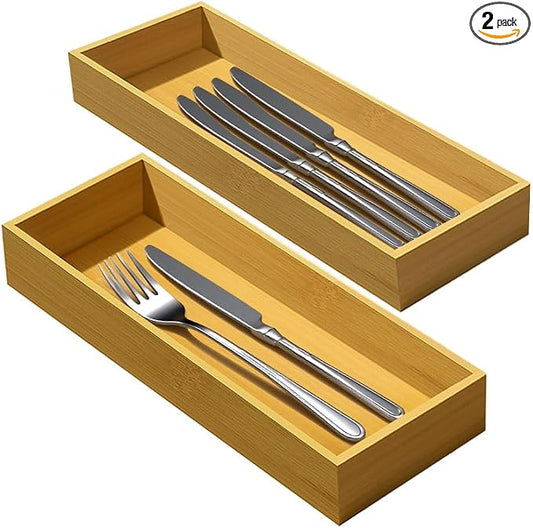 guiogc Silverware Drawer Organizer, Silverware Utensil Tray Holder, Wood Storage Box for Spoons Forks Knives Set of 2 (11.8"x4.92"x1.9")