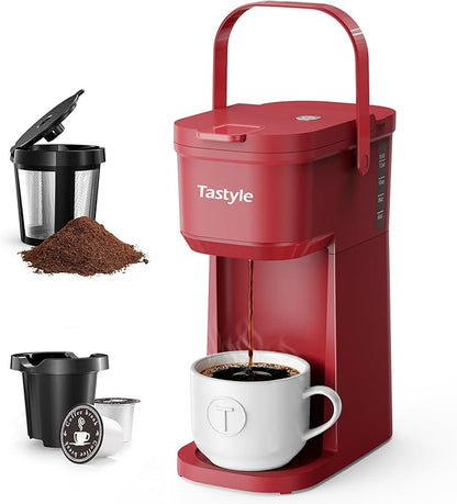 Tastyle K302 Single Serve One Cup Coffee Maker, for K Cups and Grounds, Mini Coffee Maker with Portable Handle, 6 to 12 Oz Brew Size, for Travel, Camping, Office, RV and Dorm, 120V, Vintage Red