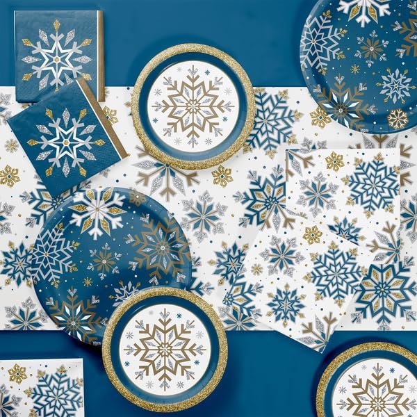 Whimsical Winter Party Supply Pack | Bundle Includes Paper Dinner Plates, Dessert Plates & Napkins for 8 People | Winter Blue Silver and Gold Snowflakes