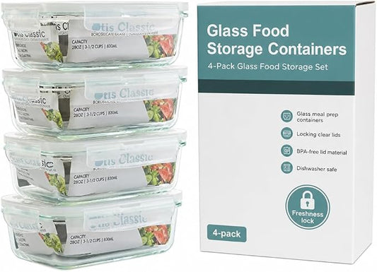 otis classic Glass Food Storage Containers With Locking Lids - Meal Prep Containers - Lunch Bento Boxes - 1 Compartment - 4pk-28oz Box Set - Transparent Lids - BPA Free and Dishwasher Safe