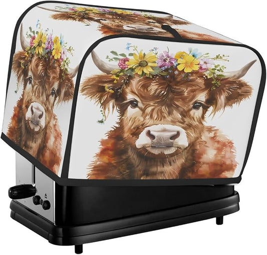 2 Slice Highland Cow Floral Toaster Cover Waterproof Dust Fingerprint Bread Machine Cover Washable Kitchen Appliance Protector For Home Kitchen Bakeware Table Decor Women Gifts