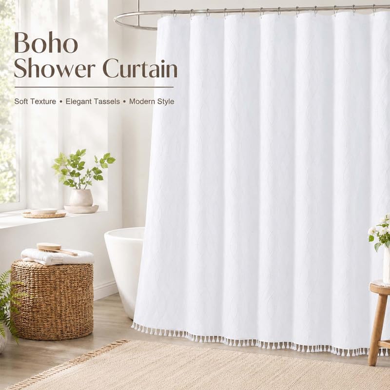OVZME Extra Long White Shower Curtain 84 Inch Long, Puff Printed Textured Shower Curtain with Tassels, Tall Farmhouse Geometry Bathroom Curtain, Water Resistant Fabric, 72Wx84L Inches