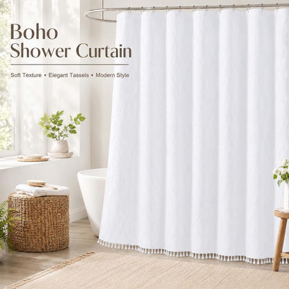 OVZME Extra Long White Shower Curtain 84 Inch Long, Puff Printed Textured Shower Curtain with Tassels, Tall Farmhouse Geometry Bathroom Curtain, Water Resistant Fabric, 72Wx84L Inches