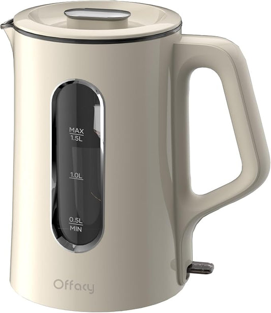 OFFACY Electric Kettle, Double Wall Glass Inner, Hot Water Boiler Heater Pot, 1.5-Liter, 1200 Watts for Fast Boiling, 53oz BPA Free, White
