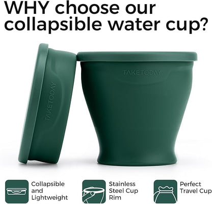 TakeToday Collapsible Travel Cup 8 oz - Silicone Foldable Water Cup, BPA-Free with Lid & Waterproof Bag - Drinking Cup Set for Camping, Outdoors & International Travel（Dark Green）