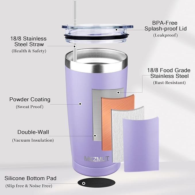 MEZMUT 20oz Tumbler Coffee Travel Mug with Lid and Straw, 4 Pack Stainless Steel Double Wall Vacuum Spill Proof Insulated Tumbler, Hot or Iced Coffee Cups for Drinks (4Pcs, Light Purple)