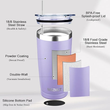 MEZMUT 20oz Tumbler Coffee Travel Mug with Daul Lid and Straw, Stainless Steel Double Wall Vacuum Spill Proof Insulated Tumbler, Hot or Iced Coffee Cups for Drinks (1Pack, Light Purple)