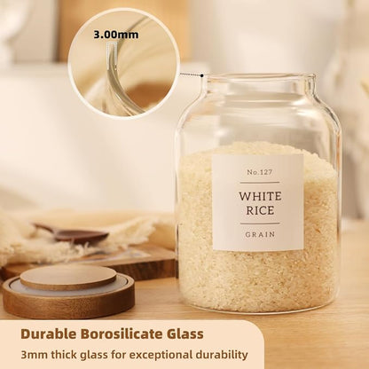2 Pack Glass Food Storage Containers with Airtight Acacia Wood Lids and 132 Kitchen Pantey Labels Preprint - 43 LF OZ Borosilicate Glass Canister Sets for Food,Coffee,Cookie,Tea,Candy,Sugar