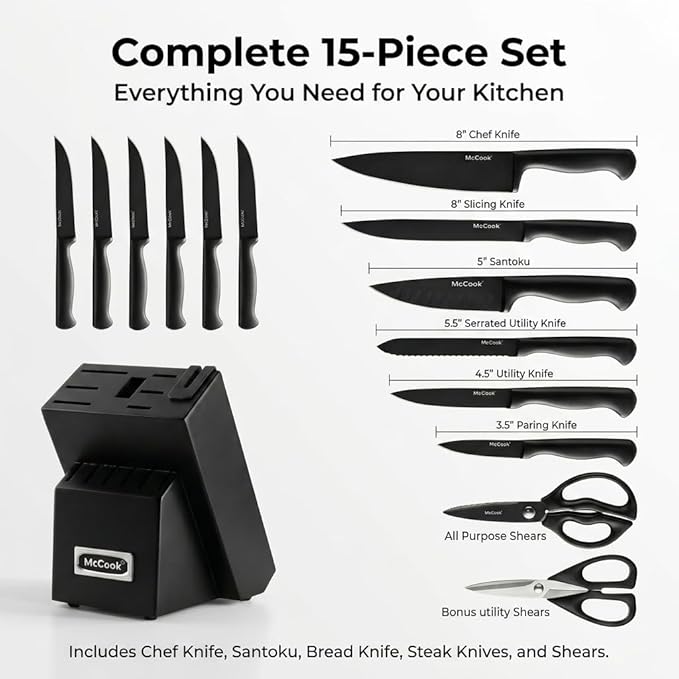 McCook® Knife Sets,German Stainless Steel Knife Block Sets with Built-in Sharpener, 15-Piece Razor-Sharp Kitchen Knives with Ergonomic Handles, Elegant Box for Gift, Black