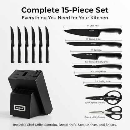 McCook® Knife Sets,German Stainless Steel Knife Block Sets with Built-in Sharpener, 15-Piece Razor-Sharp Kitchen Knives with Ergonomic Handles, Elegant Box for Gift, Black