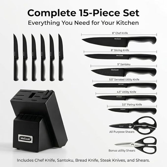 McCook® Knife Sets,German Stainless Steel Knife Block Sets with Built-in Sharpener, 15-Piece Razor-Sharp Kitchen Knives with Ergonomic Handles, Elegant Box for Gift, Black