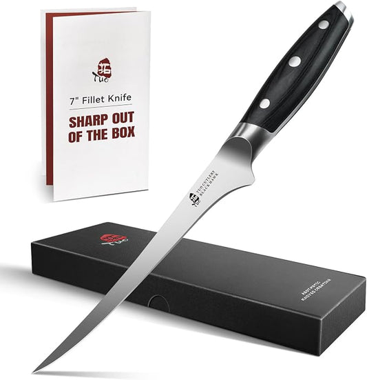 TUO Fillet Knife, 7 Inch Professional Fish Boning Knife for Trimming Meat & Poultry, Flexible Blade, High Carbon German Steel, Full Tang Handle - Black Hawk Series
