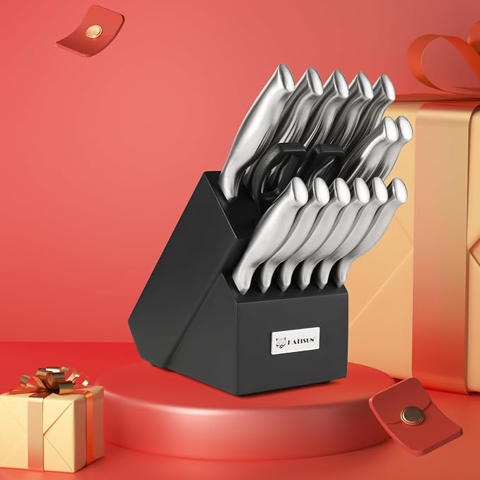Kitchen Knife Set, 15 Pieces Knife Set with Block, Knives Set for Kitchen, Silver Hollow Ergonomic Handle for Chef Knife Set, Kitchen Shears,Black Knife Block Set, HM2201T-15B