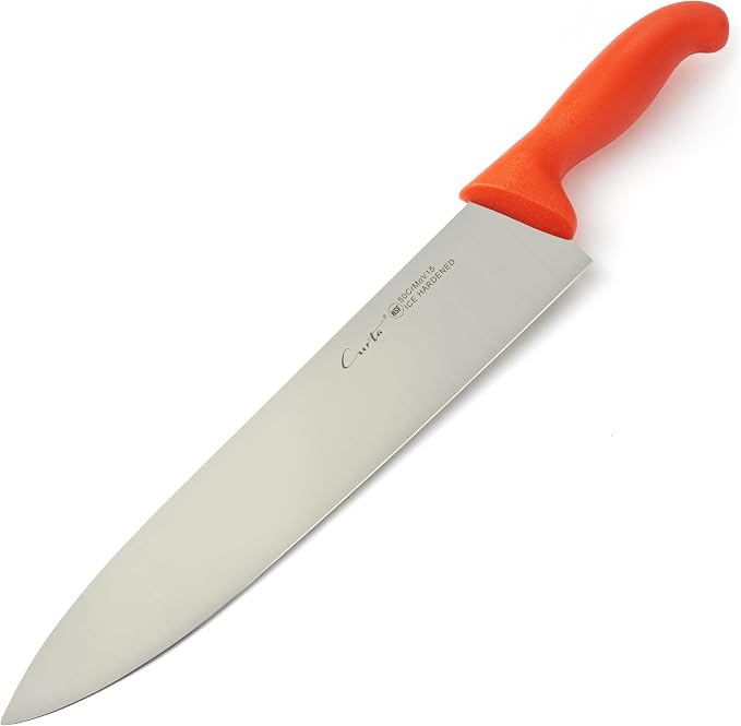 CURTA 12-inch Commercial-Grade Chef's Knife, NSF Listed, Ergonomic, Non-slip Red Handle, High Carbon 420 Stainless Steel Forged Blade Straight Edge, Dishwasher Safe, Rust Proof