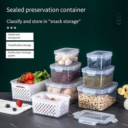 Multi-Functional Kitchen Sealed and Drainable Food Storage Container with Lid, 4 in 1 Produce Keeper with Basket, Freshness Preservation for Refrigerator or Pantry, 18x13x10cm and 22x16x12cm(L)