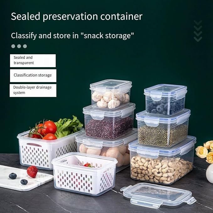Multi-Functional Kitchen Sealed and Drainable Food Storage Container with Lid, 4 in 1 Produce Keeper with Basket, Freshness Preservation for Refrigerator or Pantry, 18x13x10cm and 22x16x12cm(S+M+L)