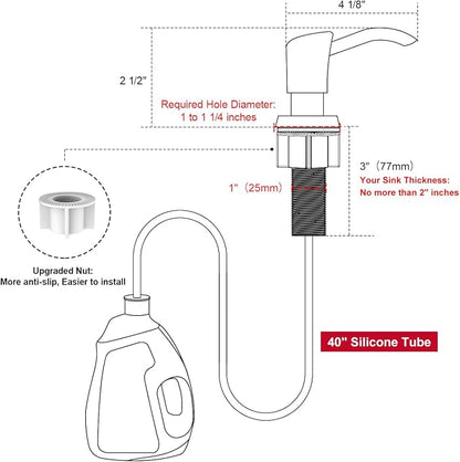 GAGALIFE Built in Counter Soap Dispenser (Brushed Nickel) for Kitchen Sink and Soap Dispenser Extension Tube, Anti-Leakage Upgrade with 40" Soap Tube No More Top Refill