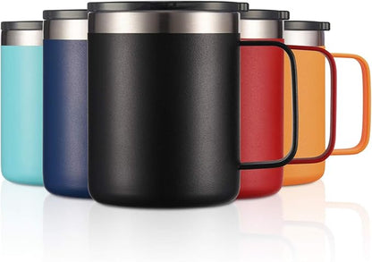 12oz Stainless Steel Insulated Coffee Mug with Handle, Double Wall Vacuum Travel Mug, Tumbler Cup with Sliding Lid, Black
