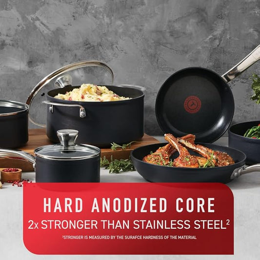T-fal Platinum Hard Anodized Nonstick Cookware Set 12 Piece Oven Broiler Safe 500F, Lid Safe 350F Pots and Pans, Dishwasher Safe Black
