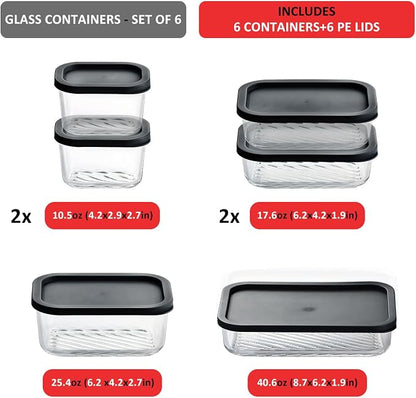 EATEX Grooved Base Glass Meal Prep Containers, 6 Pack Glass Food Storage Containers with Lids for Meal Prep & Lunch, Microwave Oven Freezer Dishwasher Safe, Anti Moisture Non-Stick Design - Black