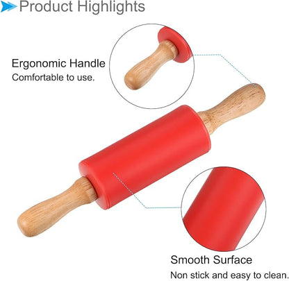Silicone Rolling Pins, 9.25" Length, Silicone & Oak Non-Stick Ergonomic Wooden Handle Fondant Dough Roller Red - (Applications: for Baking DIY Projects)