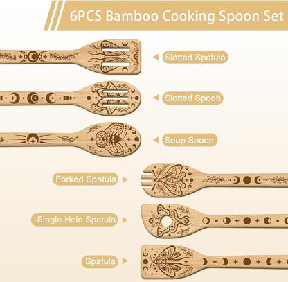 GLOBLELAND 6 Pcs Moon Moth Wooden Spoons Utensil Set Moon Phases Bamboo Kitchen Cooking Utensils for Women and Men Wooden Engraved Cooking Spatula Set for Kitchen Fun House Warming Gift