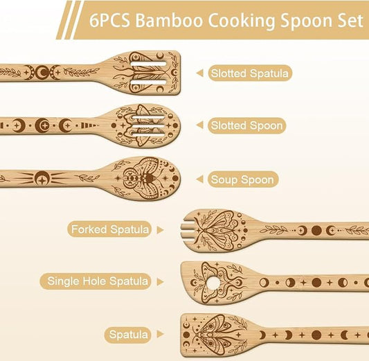 GLOBLELAND 6 Pcs Moon Moth Wooden Spoons Utensil Set Moon Phases Bamboo Kitchen Cooking Utensils for Women and Men Wooden Engraved Cooking Spatula Set for Kitchen Fun House Warming Gift