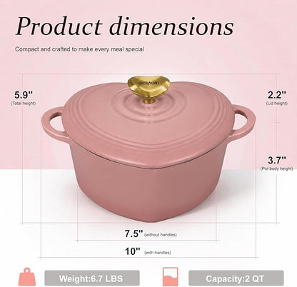 Overmont Heart-Shaped Enameled Cast Iron Dutch Oven, 2QT Pink Mini Pot with Lid for Cozy Meals, Soups & Small Batch Baking, Cute Kitchen Cookware Gift for Wedding, Housewarming & Birthday