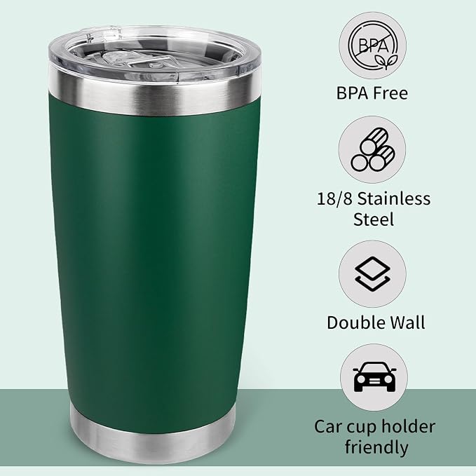 20oz Stainless Steel Tumbler Bulk with Lid, Travel Mug - Double Wall Vacuum Powder Coated Cup - Dark Green, 6 Pack