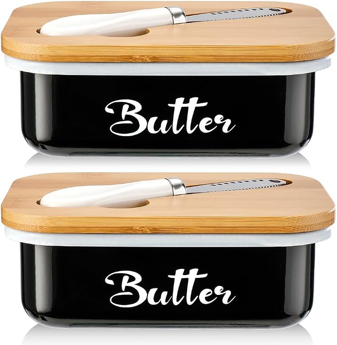 Butter Dish with Lid for Countertop, AISBUGUR Metal Butter Keeper with Stainless Steel Multipurpose Butter Knife, Butter Container with Double High-quality Silicone Good Kitchen Gift Set of 2 Black
