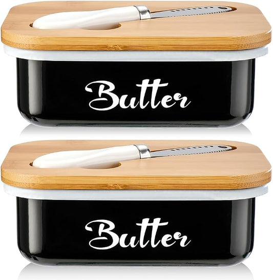 Butter Dish with Lid for Countertop, AISBUGUR Metal Butter Keeper with Stainless Steel Multipurpose Butter Knife, Butter Container with Double High-quality Silicone Good Kitchen Gift Set of 2 Black