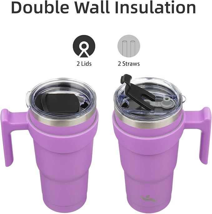 Konokyo 20 oz Tumbler with Handle and 2 Straw 2 Lid, Insulated Water Bottle Stainless Steel Vacuum Cup Reusable Travel Mug,Lavender