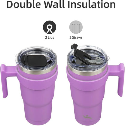 Konokyo 20 oz Tumbler with Handle and 2 Straw 2 Lid, Insulated Water Bottle Stainless Steel Vacuum Cup Reusable Travel Mug,Lavender
