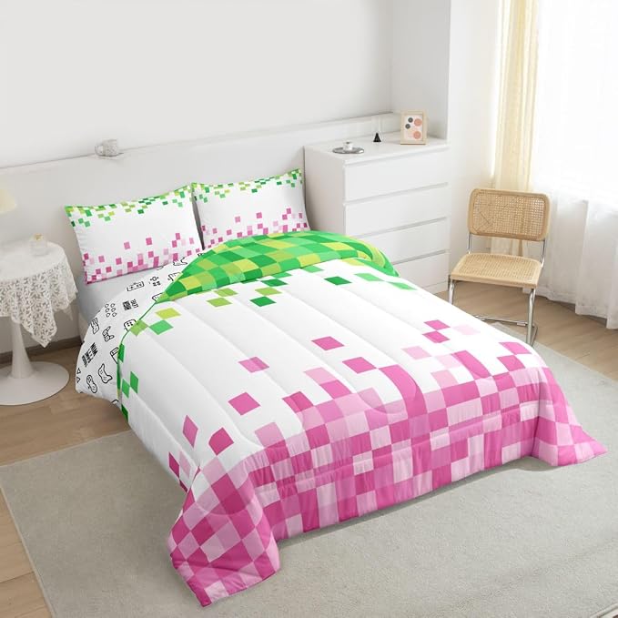 Manfei Pixelated Style Bedding Set King Size,Geometric Camouflage Grid Comforter Set with 2 Pillowcases,Video Games Bed Quilt,Pink Green Quilt Sets Home Decor,Women Men Birthday Gift