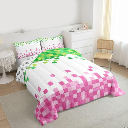 Manfei Pixelated Style Bedding Set King Size,Geometric Camouflage Grid Comforter Set with 2 Pillowcases,Video Games Bed Quilt,Pink Green Quilt Sets Home Decor,Women Men Birthday Gift